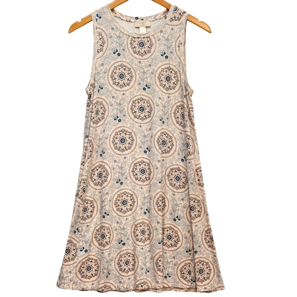 LOFT Outlet Womens Petite Small Peach Blue Medallion Paisley Swing Dress 463246